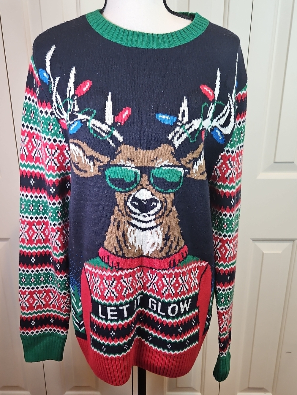 Ugly Christmas Sweater Men's Reindeer Crewneck Green and Red Accents Holiday